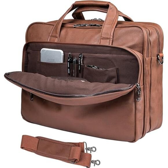 Leather Laptop Bag, Men's 15.6 Inches Messenger Briefcase Satchel - Picture 7 of 7